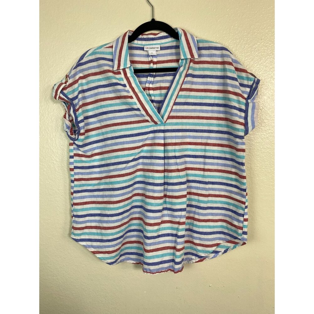 Liz Claiborne Women Boxy Striped Short Sleeve Linen Cotton Top Size Large beach